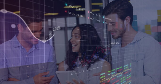 Image of stock market data processing over diverse colleagues discussing and smiling at office - Powered by Adobe