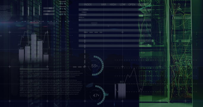 Image of statistical data processing against computer server room