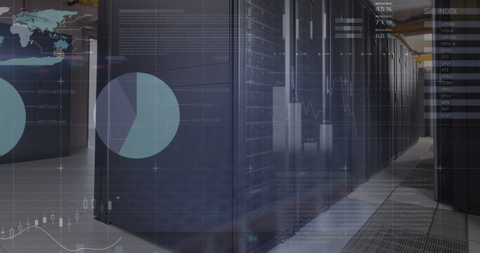 Image of statistical data processing against computer server room