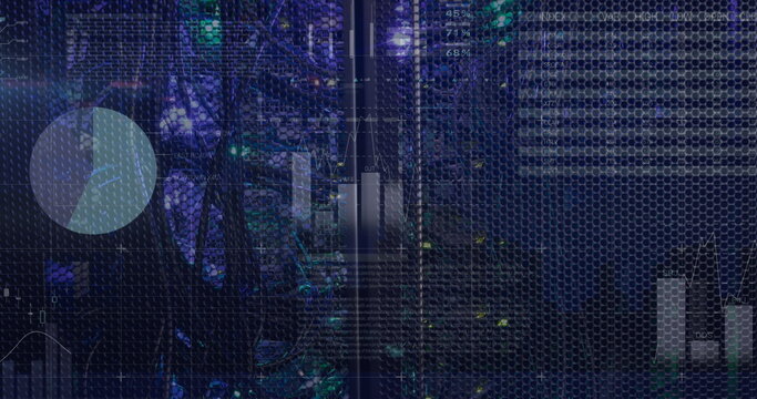 Image of statistical data processing against computer server room