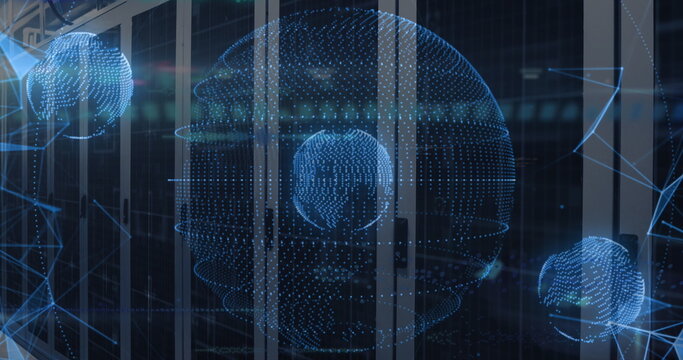 Image of spinning globes and light spots against computer server room