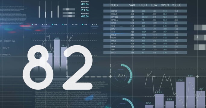 Image of increasing numbers and statistical data processing against blue background
