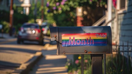 Mailbox with "Pride Month" text and rainbow colors on sunny street