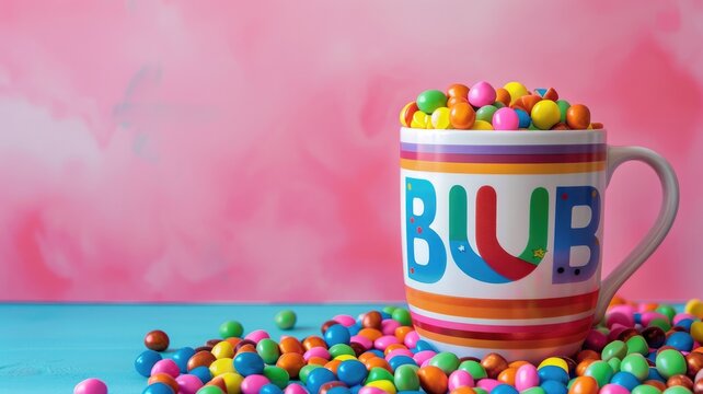 Colorful candies in striped cup with "BUB" on pink and blue background