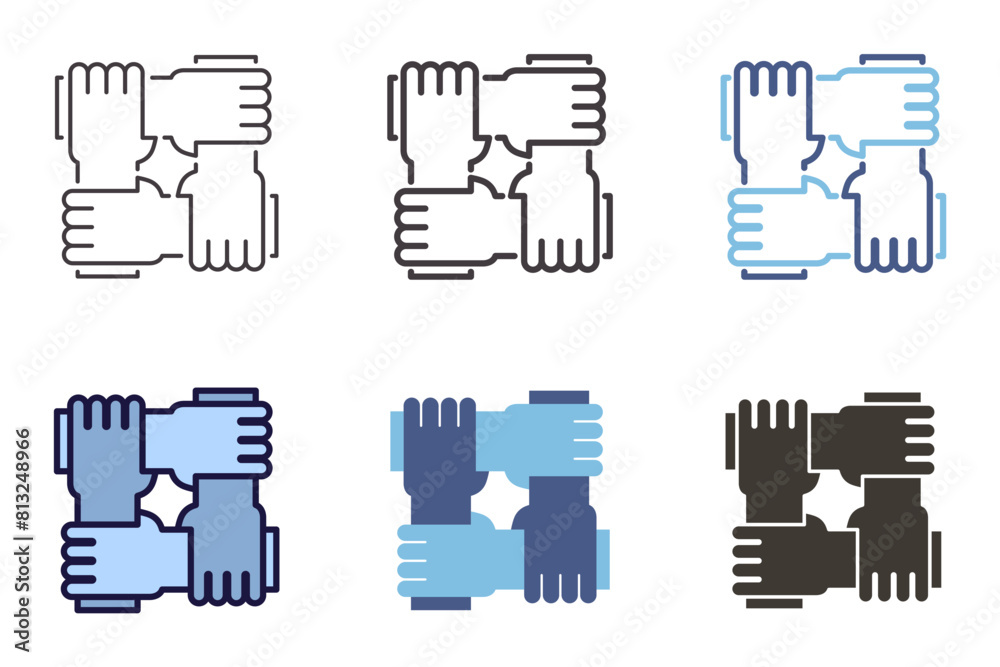 Wall mural partnership unity and teamwork icon. 4 hands holding each other vector graphic element