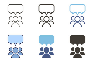 Communication icon. Teamwork, dialogue, debate, presentation with 3 people and speech bubble vector graphic elements