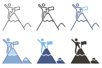 Person holding flag and waving on mountain top peak icon. Vector graphic elements for achievement, success, celebration