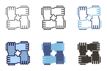 Partnership unity and teamwork icon. 4 hands holding each other vector graphic element