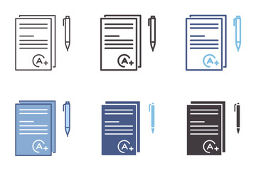 Grade A+ exam paper and pen icon. Vector graphic elements for success, results, excellent education