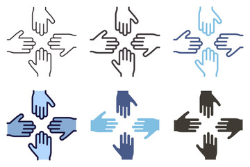 Four hands facing each other with open palms icon. Vector graphic element for collaboration, working together, teamwork, partnership and unity