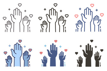 Raised helping volunteer hands icon. Vector graphic elements for volunteering, charity, voting, assistance
