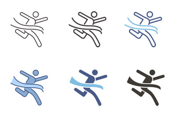 Person running and reaching the finish line icon. Vector graphic element. Achievement, victory, success, winning, personal development growth