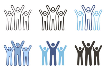 Three people with arms and hands up celebrating icon. Teamwork celebration, success, characters cheering. Vector graphic elements