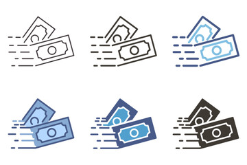 Money transfer payment, stack of money bills sent flying icon. Vector graphic elements for transactions