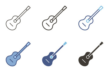 Acoustic guitar musical instrument icon. Vector graphic elements in flat, filled and unfilled outline, color and black and white
