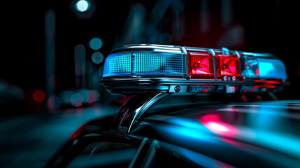 close-up of a police car's flashing blue and red lights in a dark environment