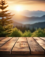 Outdoor background Wooden table. blurred nature background. Created using generative AI.