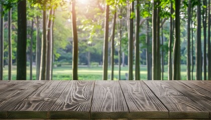 Outdoor background Wooden table. blurred nature background. Created using generative AI.