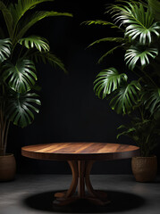 Fototapeta premium a round wooden table, with ornamental plants behind it, for product display. 