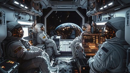 Photo of astronauts working inside the space station, black background, white interior, hyper realistic, - Powered by Adobe