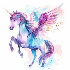 A magical watercolor illustration of a unicorn with iridescent wings, clipart style, single object, isolated on a white background.