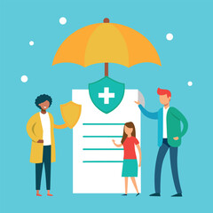 Tiny Characters under Huge Umbrella Fill Policy Document, Doctor Holding Golden Shield People Signing Health Insurance stock illustration