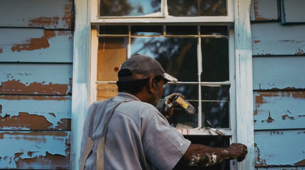 Man Painting a Window on a House