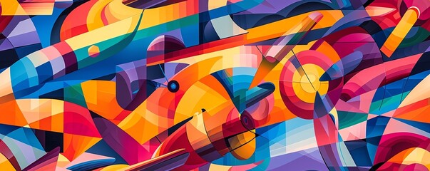Craft a vibrant, high-flying masterpiece merging Cubism with aviation landmarks, featuring biplanes and abstract shapes in vivid colors