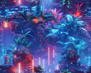 Illustrate a digital oasis where holographic plants bloom from pixelated soil