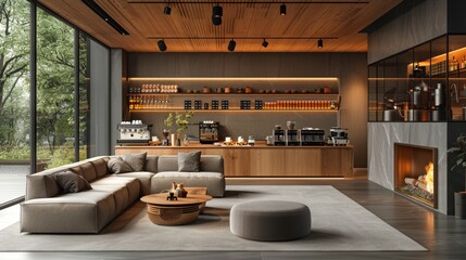 modern coffee corner, chic coffee corner featuring minimalist furniture and stylish brewing tools, perfect for the modern coffee lover