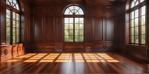 empty room with dark wood paneling and window, Luxury wood paneling background or texture. highly crafted classic or traditional wood paneling, with a frame pattern	