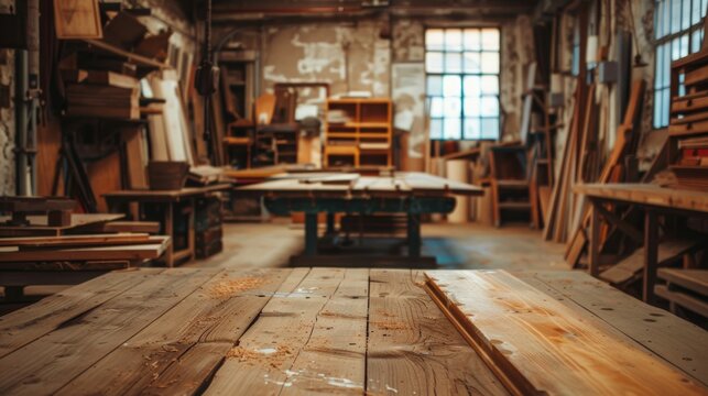 Carpenter's workshop with lots of tools and furniture. Selective focus.