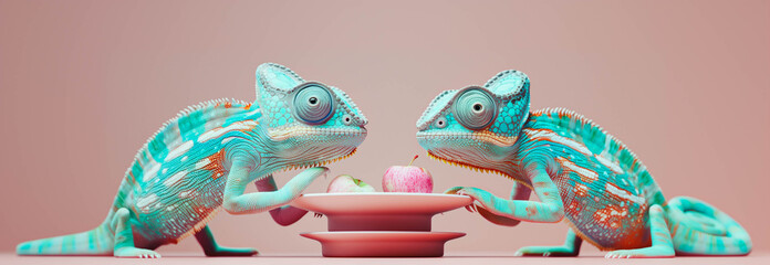 Two chameleons and fruits, bright background, minimal concept
