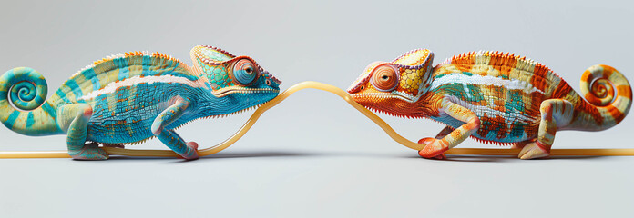 Two chameleons with Italian spaghetti, bright background, minimal concept