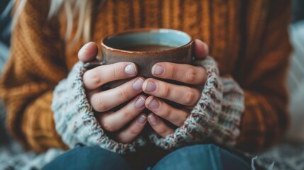 Close up of woman in warm sweater holding cup of coffee in hands