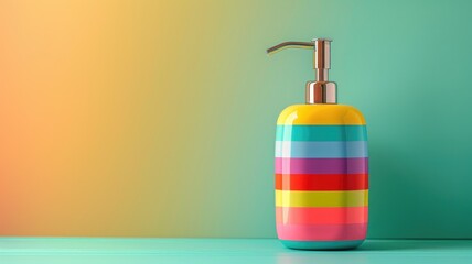 Colorful striped soap dispenser on teal surface against gradient background