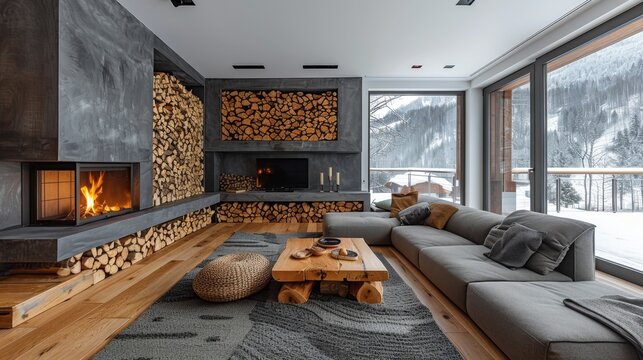 home decor integration, neatly stacked firewood next to the modern fireplace brings a rustic touch to the chic living area