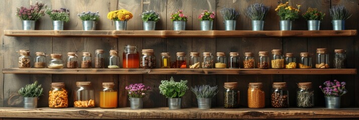 wooden shelves display herbal remedies, symbolizing alternative medicine, with space for text