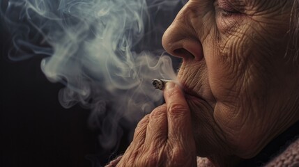 A close up reveals the struggle of an elderly woman exhaling cigarette smoke, battling nicotine addiction, Ai Generated