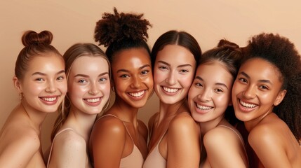 Obraz premium Radiant women showcase flawless skin and natural beauty in smiling portrait, Ai Generated