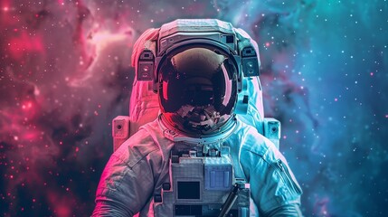 Astronaut in space suit ventures into deep space against abstract cosmic backdrop, Ai Generated