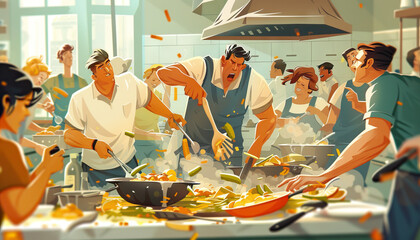 Too many cooks spoil the broth: A depiction of a chaotic kitchen with many people trying to cook, resulting in a ruined dish, emphasizing the idea that too many people involved in a task