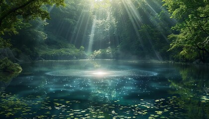 Obraz premium Imagine a mystical vision where the Holy Grail appears floating above a tranquil lake, reflecting its sacred light