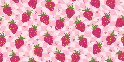 Cute retro seamless pattern with strawberries and hearts. Abstract psychedelic cell print background. Vector design for textile, wrapping paper, greeting cards.