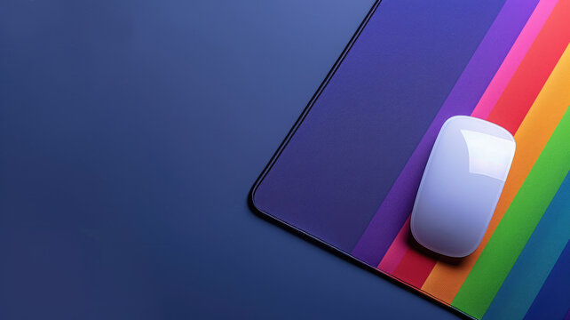 White computer mouse on multicolored pad with dark blue background