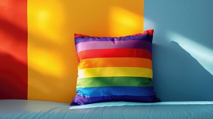 Rainbow-striped pillow against vibrant red and yellow wall with shadow