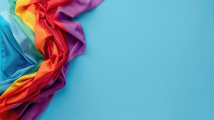 Vibrant rainbow-colored cloth against blue background, symbolizing diversity and inclusivity