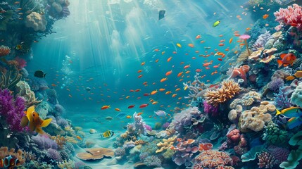 A colorful coral reef teeming with life beneath the clear turquoise waters of the tropical ocean, with schools of vibrant fish darting among the coral formations.