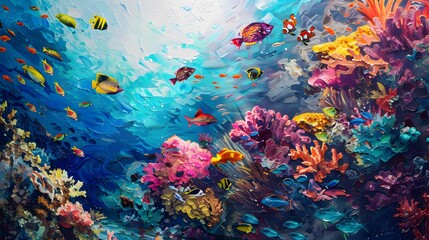 A colorful coral reef teeming with life beneath the clear turquoise waters of the tropical ocean,...