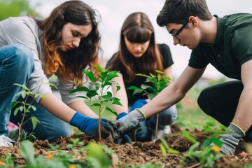 Young people planting trees in a park.